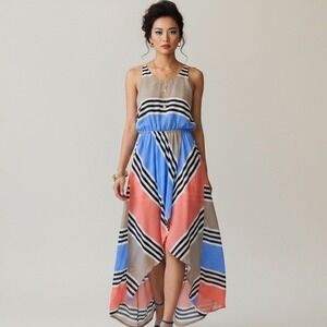 Addison Silk Maxi Dress Womens XS Multicolor Striped Colorblock High Low